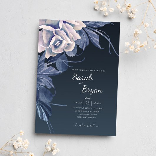 Elegant Navy Blue Floral Modern Bold Boho Wedding Kaart