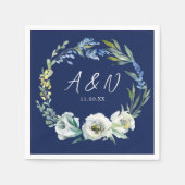 Elegant Navy Blue Floral Monogram Winter Weddensch Servet (Voorkant)