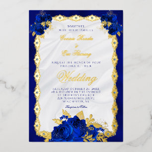 Elegant Navy Blue Floral Wedding Gold Folie Uitnodiging