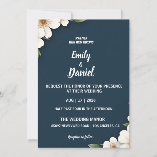 Elegant Navy Blue Floral Wedding Invitation (Devant)