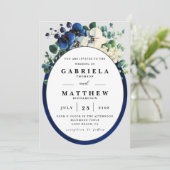 Elegant Navy Blue Floral Wedding Invitation | Edit Kaart (Staand voorkant)