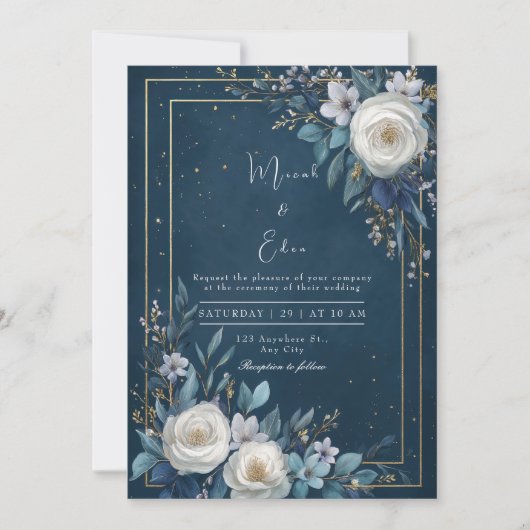 Elegant Navy Blue Floral Wedding Kaart (Voorkant)