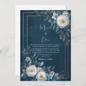 Elegant Navy Blue Floral Wedding Kaart (Voorkant / Achterkant)