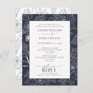 Elegant Navy Blue Floral Wedding Rehearsal Dinner Kaart