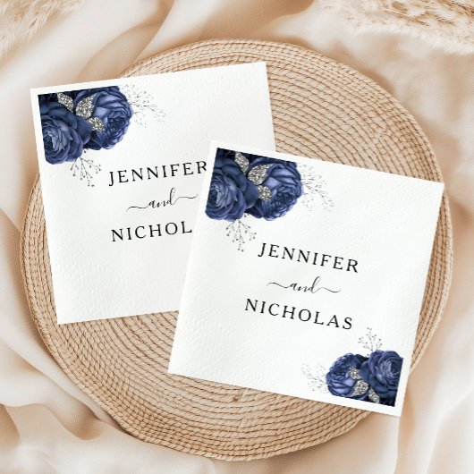 Elegant Navy Blue Floral Wedding Servet