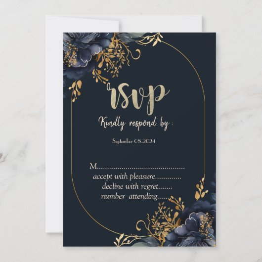 Elegant Navy Blue Flowers RSVP Kaart (Voorkant)