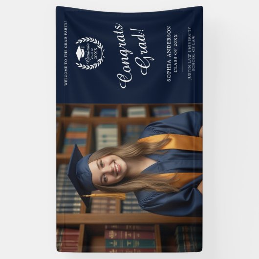 Elegant Navy Blue Gefeliciteerd Afstuderen Foto Spandoek (Verticaal)
