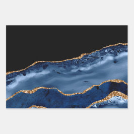 Elegant Navy Blue Glitter Marble Agate Inpakpapier Vel