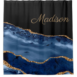 Elegant Navy Blue Glitter Marble Agate Showe Douchegordijn