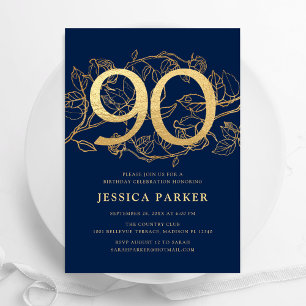 Elegant Navy Blue Gold 90e verjaardag Kaart