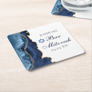 Elegant Navy Blue Gold Agate Bar Mitzvah Party Vierkante Kartonnen Onderzetter