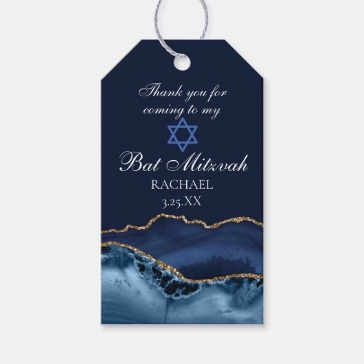 Elegant Navy Blue Gold Agate Bat Mitzvah Cadeaulabel (Voorkant)