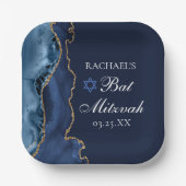 Elegant Navy Blue Gold Agate Bat Mitzvah Papieren Bordje (Voorkant)