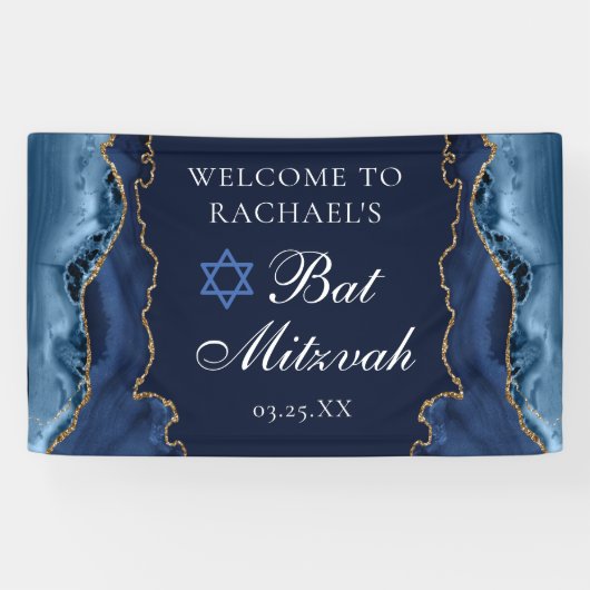 Elegant Navy Blue Gold Agate Bat Mitzvah Spandoek (Horizontaal)