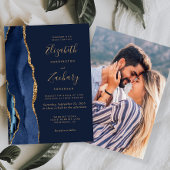Elegant Navy Blue Gold Agate Photo Weddenschap Kaart