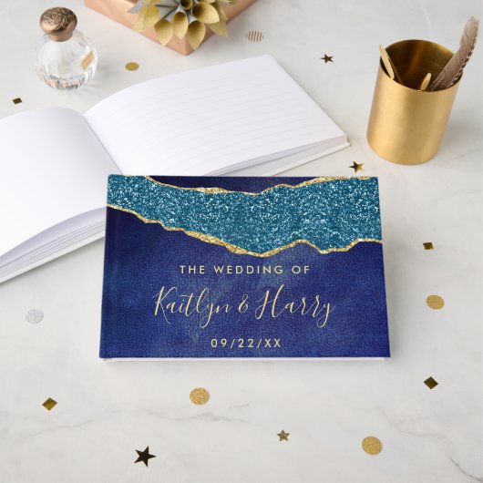 Elegant Navy Blue & Gold Agate Wedding Gastenboek (Voorkant open)