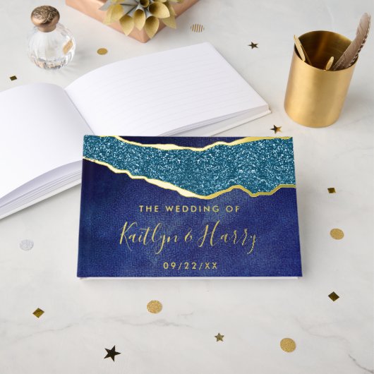 Elegant Navy Blue & Gold Agate Wedding Gastenboek (Voorkant open)