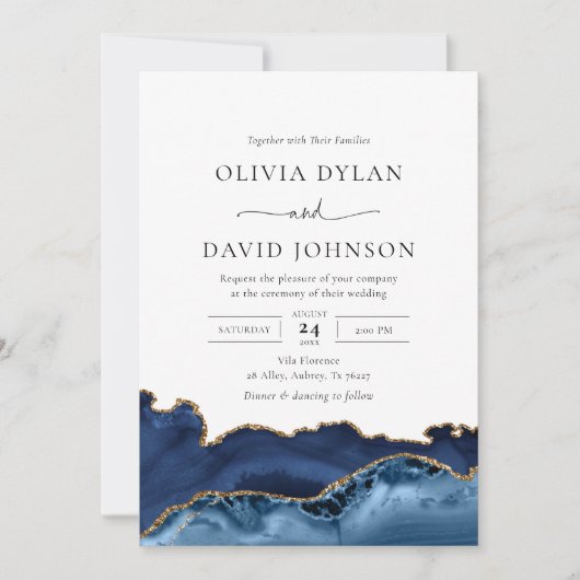 Elegant Navy Blue Gold Agate Wedding Invitation Kaart (Voorkant)