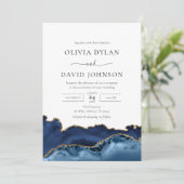 Elegant Navy Blue Gold Agate Wedding Invitation Kaart (Staand voorkant)