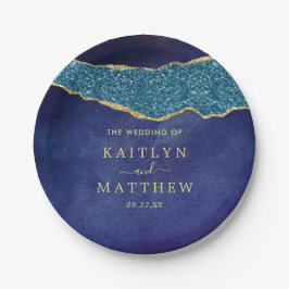 Elegant Navy Blue & Gold Agate Wedding Papieren Bordje