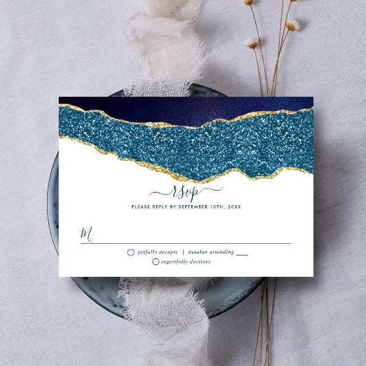 Elegant Navy Blue & Gold Agate Wedding RSVP Kaartje