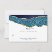 Elegant Navy Blue & Gold Agate Wedding RSVP Kaartje (Voorkant)