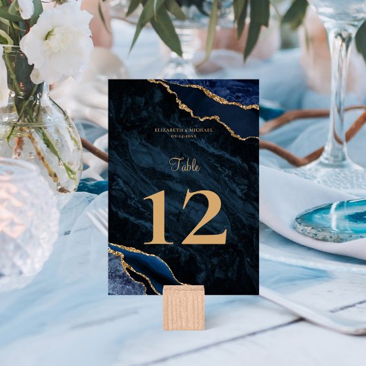 Elegant Navy Blue Gold Agate Wedding Table Number Kaart