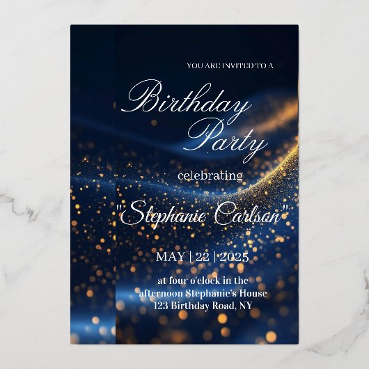 Elegant Navy Blue & Gold Birthday Party Invitation (Recto)