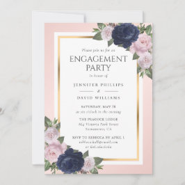 Elegant Navy Blue Gold Blush Engagement Party Kaart
