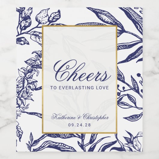 Elegant Navy Blue Gold Botanical Weddenschap Wijn Etiket (Enkel label)