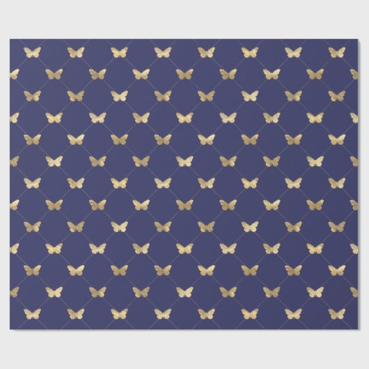 Elegant Navy Blue Gold Butterfly Pattern Cadeaupapier (Vlak)
