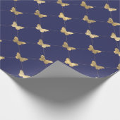 Elegant Navy Blue Gold Butterfly Pattern Cadeaupapier (Hoek)