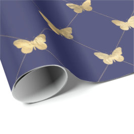 Elegant Navy Blue Gold Butterfly Pattern Cadeaupapier