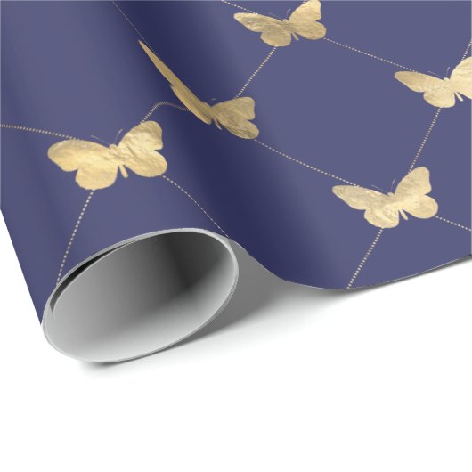 Elegant Navy Blue Gold Butterfly Pattern Cadeaupapier (Rol Hoek)