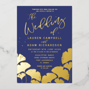 Elegant Navy Blue Gold Calligraphy Wedding Folie Uitnodiging