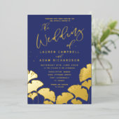 Elegant Navy Blue Gold Calligraphy Wedding Folie Uitnodiging (Staand Voorkant)
