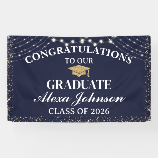 Elegant Navy Blue Gold Class Of 2026 Graduation Spandoek (Horizontaal)