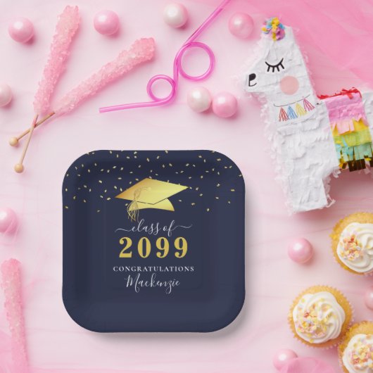 Elegant Navy Blue Gold Confetti Script Afstuderen Papieren Bordje (Feest)