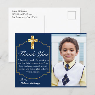 Elegant Navy Blue Gold Cross 1st Community Dank je Briefkaart