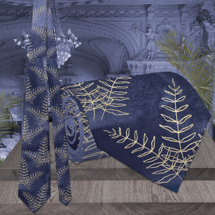 Elegant Navy Blue & Gold Fern Leaf Wedding Stropdas