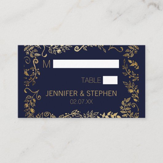 Elegant Navy Blue Gold Floral Plaatskaartje (Voorkant)