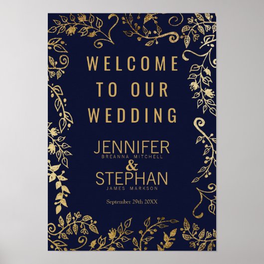 Elegant Navy Blue Gold Floral Welkom Poster (Voorkant)