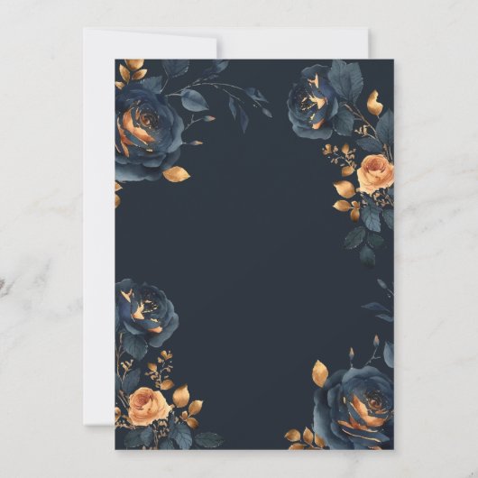 Elegant Navy Blue Gold Flowers Verloving Kaart (Achterkant)