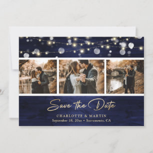 Elegant Navy Blue Gold Foil Wood Weduwfoto Save The Date