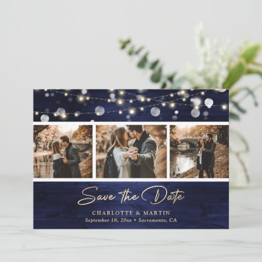 Elegant Navy Blue Gold Foil Wood Weduwfoto Save The Date (Staand voorkant)