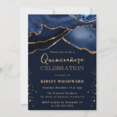 Elegant Navy Blue & Gold Glitter Agate Quinceanera Kaart (Voorkant)