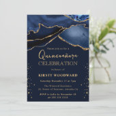 Elegant Navy Blue & Gold Glitter Agate Quinceanera Kaart (Staand voorkant)