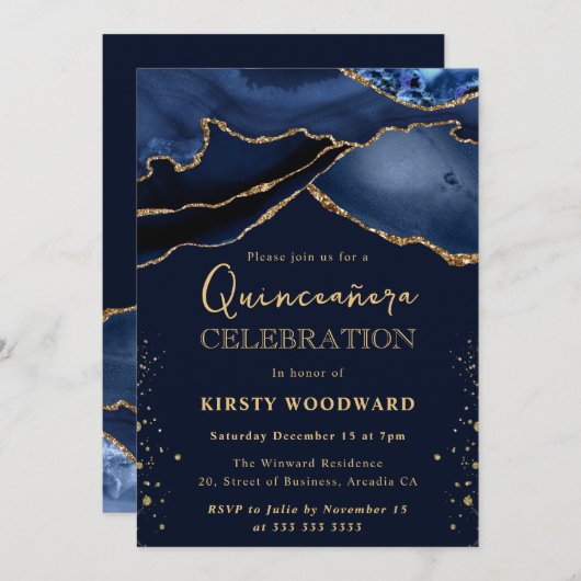 Elegant Navy Blue & Gold Glitter Agate Quinceanera Kaart (Voorkant / Achterkant)