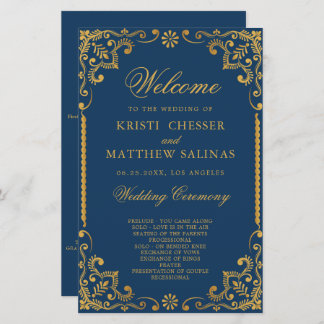 Elegant Navy Blue Gold Lijst Wedding Program Kaart