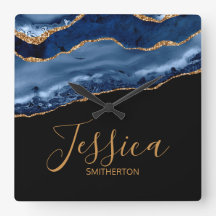 Elegant Navy Blue Gold Marble Agate Name